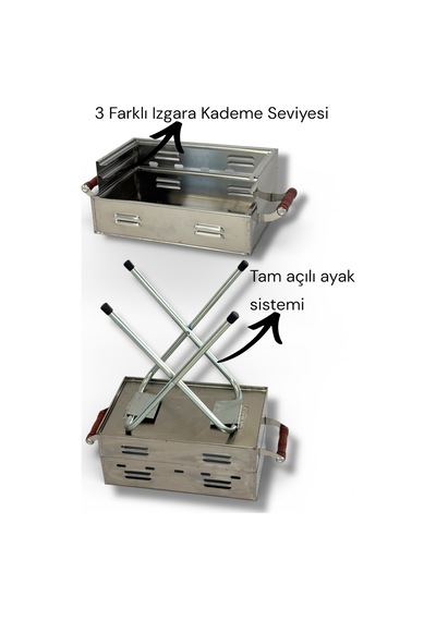 Paslanmaz Çelikten Katlanır Ayaklı ve 3 Kademeli Mangal 40x25x50cm Çantalı