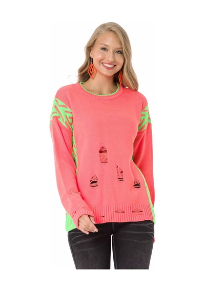 Cipo & Baxx WP241 Vintage Salaş Yırtıklı Neon Kazak Turuncu