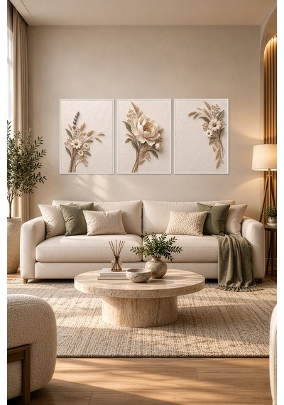 Beyaz Çerçeveli Ivory Meadow Peony 3 Lü Ahşap Çerçeveli Mdf Tablo Seti Şakayık, Lavanta Ve Papatya Kuru Çiçek Temalı Kabartma Görünümlü Renk: Beyaz