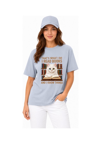 Bayloranzzo The Reader Cat %100 Pamuk Heavy Cotton Premium Kalite Kadın Tişört Gri