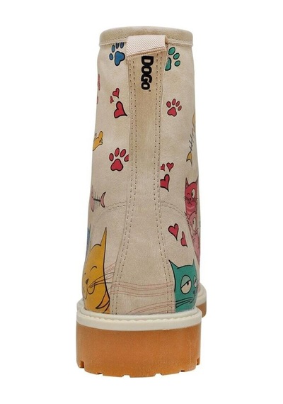 Kadın Vegan Deri Bej Uzun Bot - Cat Lovers Tasarım Multicolor