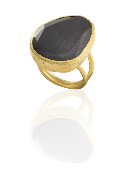 Kadir Jewellery 22 Ayar Altın Kaplama Kadın Fosil Taşlı Yüzük Siyah