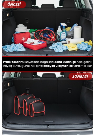 3'lü Cırtlı Keçe Kumaş Oto Bagaj Çantası Geniş Hacimli,dayanıklı,araç İçi Düzenleyici Kırmızı Kenar