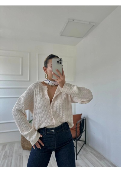 Keymoda Kadın Saç Örgülü Hırka Krem Krem
