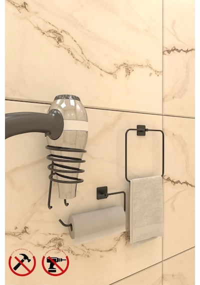Yapışkanlı Kare Havluluk Kare Fön Ve Kare Rulo Havluluk Banyo Aksesuar Seti Siyah
