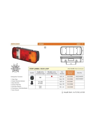Stop Lambası Sol Kablolu Tesısatlı Plakalı Mercedes Atego / Atego 2 / Schlemmer Soketlı / E Bel