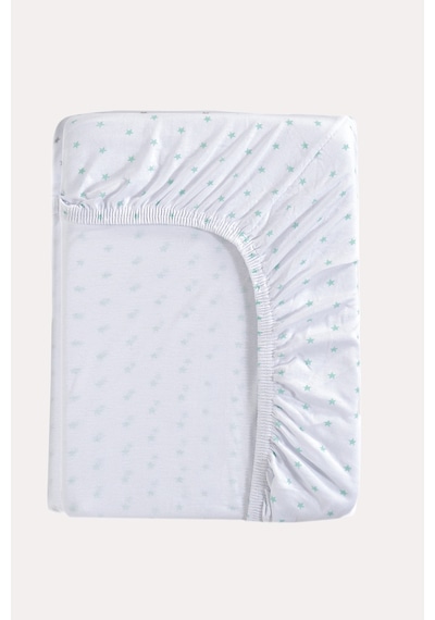 Mint Yıldız Desen - Beyaz Renk %100 Pamuk Penye Bebek Çarşafı 60x120cm - Lastikli Bebek Çarşafı 2'li Desenli - Beyaz - 860728279