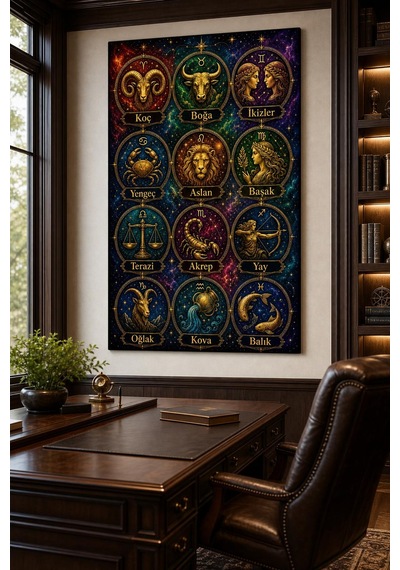 Burçlar Desenli Baskılı Cam Tablo Uv Baskı Astroloji Dekoratif Duvar Tablosu