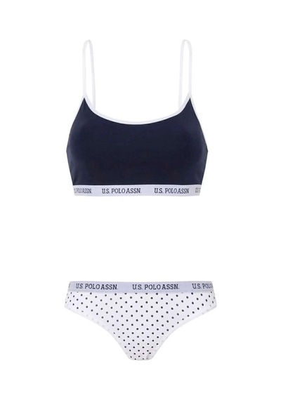 Kadın Beyaz & Lacivert Puantiyeli Likralı Pamuklu Büstiyer Slip Set Lacivert