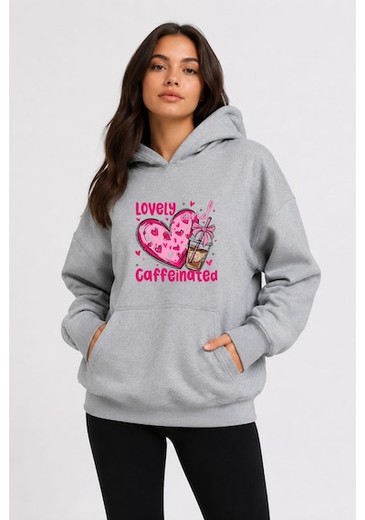 Herkesemoda Lovely Baskılı Kapüşonlu 2 İplik Şardonlu Sweatshirt Gri