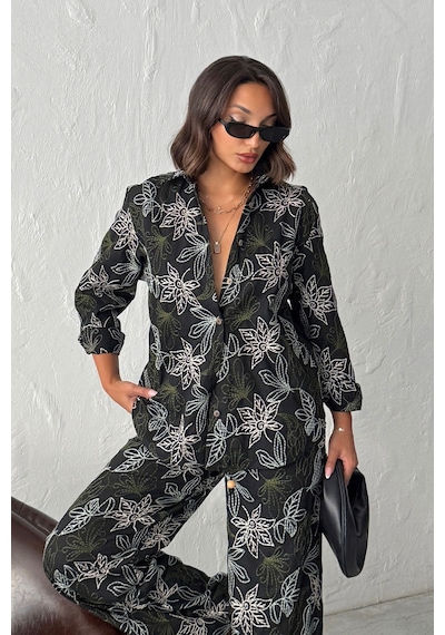 Verymoda Nakışlı Keten Gömlek - F2009 SİYAH