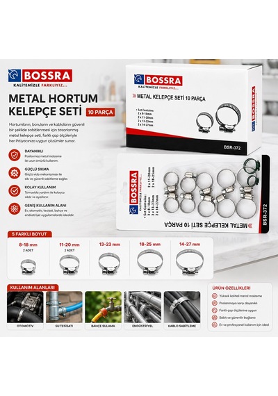 Bossra Bsr-372 Metal Hortum Kelepçesi Set 10 Adet - 12'li Paket