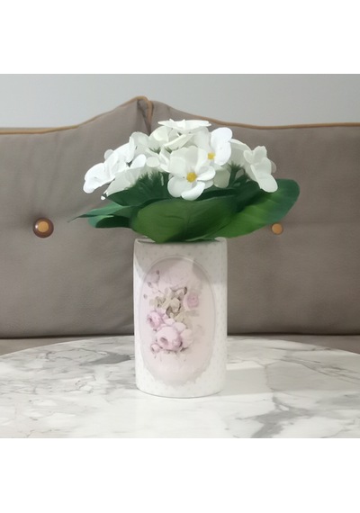 Vazoda Beyaz Yapay Çiçek Dekoratif Bahar Desenli Vazo Dahil 7 x 7 x 16 CM