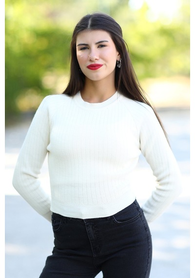 Giysa Kadın Bej Fitilli Crop Triko Kazak Kısa Model Akrilik Kumaş Ribanalı - 3122 Bej