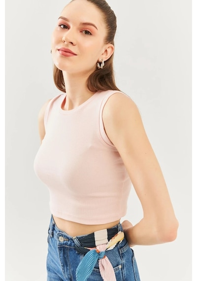Butikgiz Kadın Sıfır Kol Bisiklet Yaka Vücuda Oturan %100 Pamuklu Kaşkorse Esnek Crop Bluz Pudra