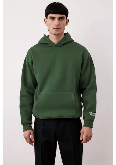 Benerly Erkek Kapüşonlu Standart Kol Oversize Kalıp Slogan Desenli Sweats Haki