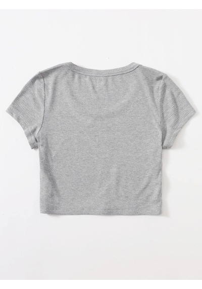 Liona U Yaka Gri Renk Fitilli Kısa Kollu Regular Crop Top Bluz Gri