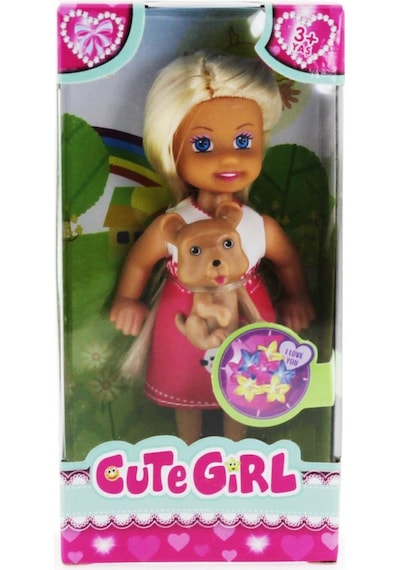Cute Girl Kahverengi Köpekli Ve Sarışın Mini Bebek