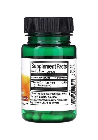 Swanson, Vitamin D3, High Potency, 1,000 Iu 25 Mcg , 30 Kapsül