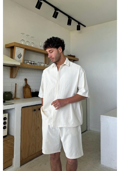 Flaw Krem Basic Oversize Kısa Kol Keten Gömlek Bej-26089 Bej