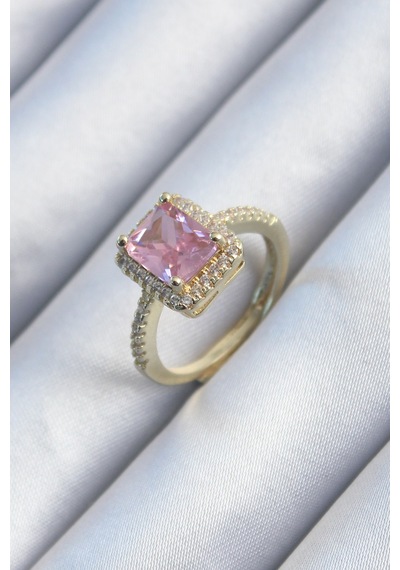 Pirinç Gold Renk Pembe Zirkon Taşlı Kadın Yüzük Renkli
