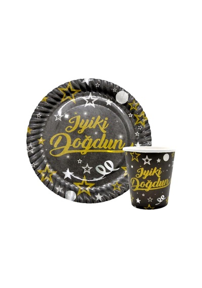 Karton Tabak Bardak Set İyi Ki Doğdun 8li Siyah