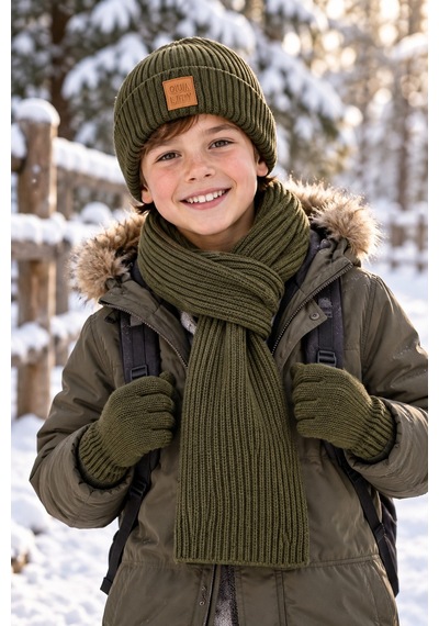 Miniko Kids Kitti 26180-07 Erkek 9-15 Yaş Atkı Bere Eldiven Set Yeşil