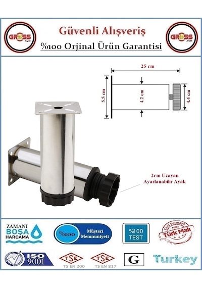 Metal Ayarlanabilir Koltuk - Mobilya - Baza Ayağı - 25cm - 2 Adet Krom