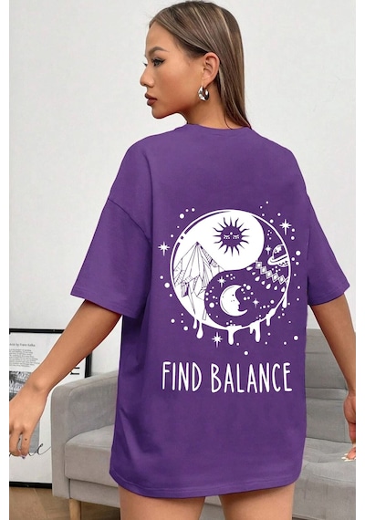 Flood Of Style Unisex Yin & Yang Baskılı T-shirt Mor
