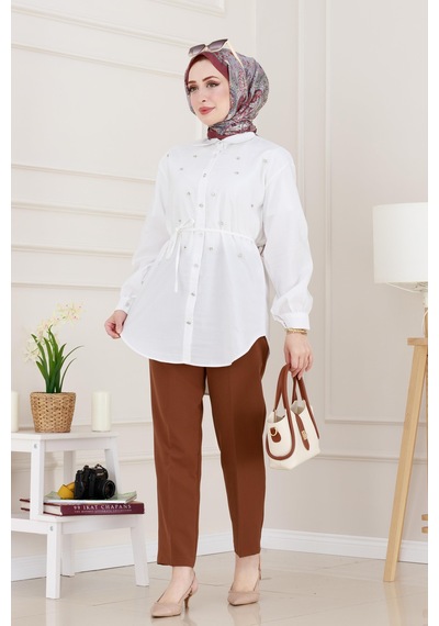 Sevitli Monako Yaka Taşlı Tunik-beyaz-4966 Beyaz