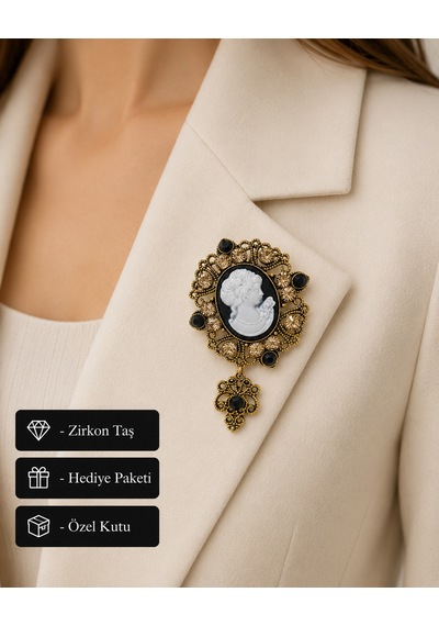 Vintage Cameo Kadın Silüet Tasarımlı Taşlı Antik Görünümlü Zarif Broş Açık Gri