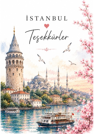 Istanbul Temalı Thank You Kartı 8x5 Cm Sipariş Teşekkür Kartı Paket Içi Not Kartı 100 Adet - Pembe - 063