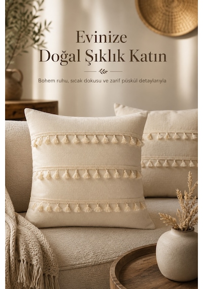 Naturel Keten Püsküllü Kırlent Kılıfı Bohem Rustik Vintage Salon Dekoru Dekoratif Kırlent Kılıfı Bej