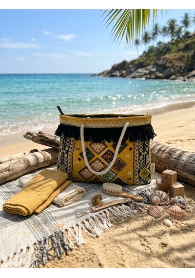 Etnik Desenli Kilim Omuz Ve Plaj Çantası 50x30 Cm Açık Sarı