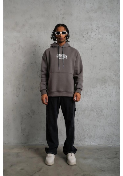 Ertaştrendstore Erkek 3 İplik Pamuklu Baskılı Kapüşonlu Cepli Sweatshirt Hoodie - Gri Çok Renk