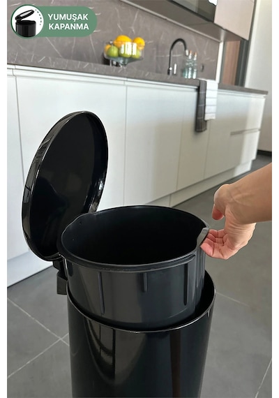 Cigo 20 Lt Yumuşak Kapanan Pedallı Banyo Mutfak Ofis Çelik Çöp Kovası - Mat Siyah & İç Kısım Siyah-7457