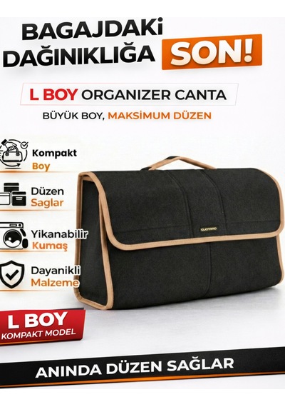 Oto Bagaj Organizer Bagaj Çantası L Boy Kaymaz Cırt Bantlı Velur Kompakt - Siyah Bej