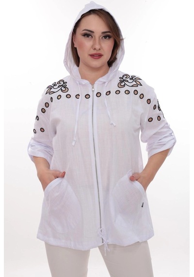 Lady Majestic Büyük Beden %100 Cotton Kapüşonlu Hırka Rahat Ve Şık Tasarım - 44462 Beyaz