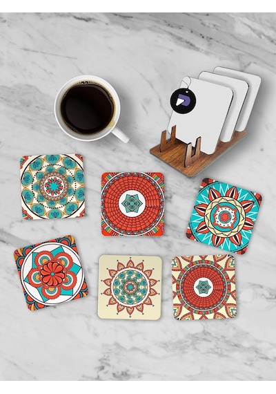 Pster21257 Etnik Mandala Desenli Standlı Ahşap Bardak Altlığı Seti, 6 Adet Baskılı Bardak Fincan Kahve Altlığ Genel