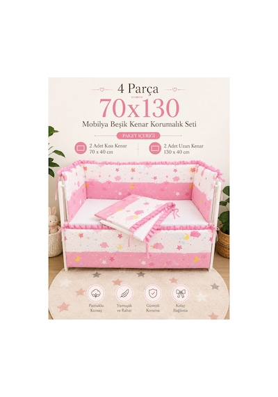 Baby Clime 70x130 Mobilya Beşik Kenar Koruyucu Seti - 4 Parça Rüya Serisi Pembe Fırfırlı
