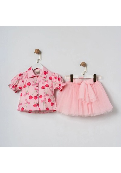 Ministok Cherry Blüz Tütü Etekli İkili Kız Çocuk Takım Pembe