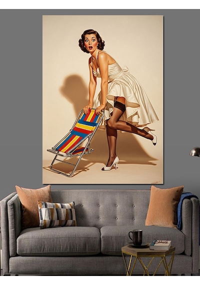Ahşap Tablo Plaj Sandalyeli Retro Güzel Kadın