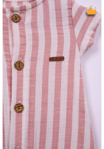 Babyhola Begi Kız Erkek Bebek Kısa Kollu Çıtçıtlı Tulum %100 Pamuk Müslin 22404 Ekru-pembe