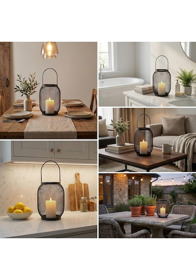 Deconox Ferforje Siyah Metal Fener Mumluk - 32 Cm Kulplu Büyük Boy - Dekoratif Masa Ve Bahçe Aydınlatma Kafesi 15x2 Diğer