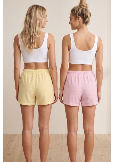 Siyah İnci 2'li Mevsimlik İnce Örme Şortlu Pijama Altı 8064 Çizgili Pembe Sarı