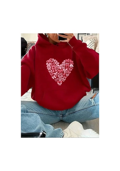 Herkesemoda Kalp Fiyonk Baskılı İçi Polarlı Kapüşonlu Sweatshirt Kırmızı