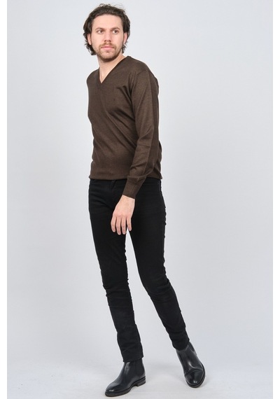 Woolen World Erkek V Yaka Desenli Yün Kazak 5597802 Kahverengi Kahverengi