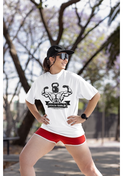 Fitness Dijital Baskılı Unisex Tshirt, Günlük Kullanıma Uygun Pamuklu Regular Tshirt Beyaz