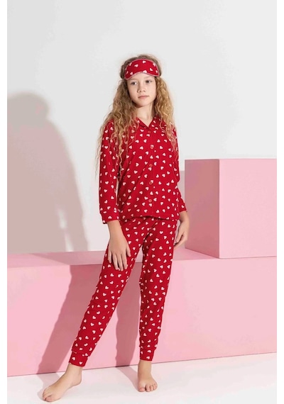 Miniğimin Cicileri Termal Kumaş Kalp Desenli Kız Çocuk Pijama... Kırmızı