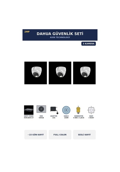 3 Kameralı 2mp Güvenlik Kamera Seti Gece Renkli Full Color Sesli Dome 500gb 15 Gün Kayıt